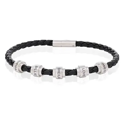 Men's Black Braided Leather Bracelet with Stainless Steel Engravable Beads