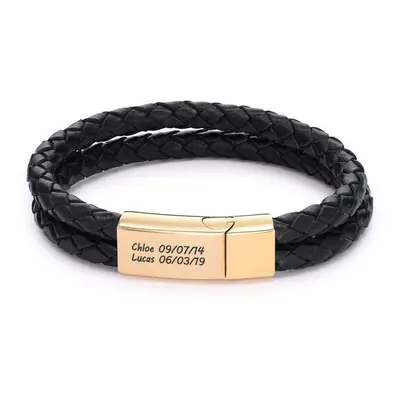 Black Leather Explorer Bracelet for Men with 18ct Gold Plating