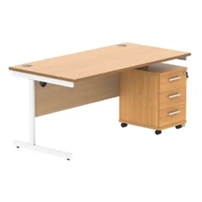 Single Upright Rect Desk + 3 Drawer Mobile Ped 1600X800 Beech/White