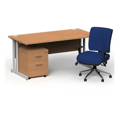 Impulse 1800 Silver Cant Desk Oak + 2 Dr Mobile Ped & Chiro Blue