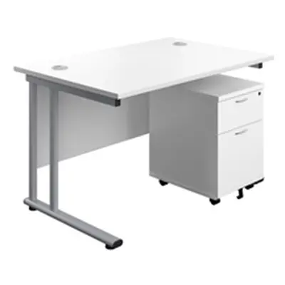 1200X800 Twin Rectangular Desk White-Silver + Mobile 2 Drawer Ped