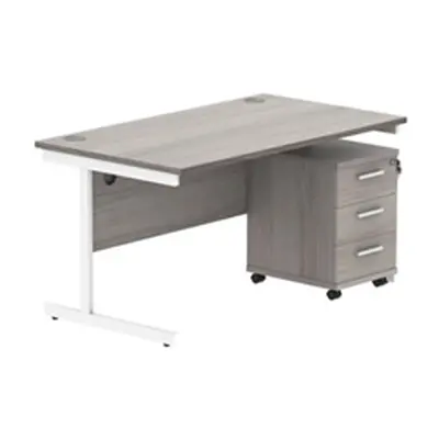 Single Upright Rect Desk + 3 Drawer Mobile Ped 1400X800 Grey Oak/White