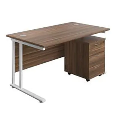 1400X800 Twin Rectangular Desk Dark Walnut-White + Mobile 3 Drawer Ped