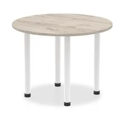 Impulse 1000mm Round Table Grey Oak Top White Post Leg