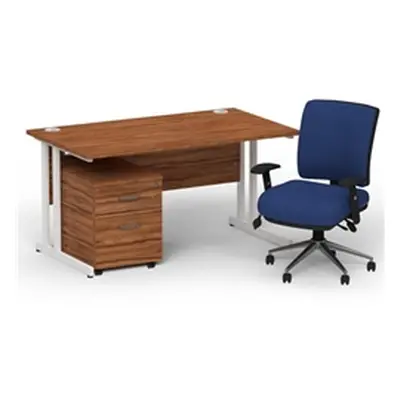 Impulse 1400 White Cant Desk Walnut + 2 Dr Mobile Ped & Chiro Blue