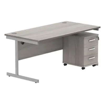 Single Upright Rect Desk + 3 Drawer Mobile Ped 1600X800 Gry Oak/Silver