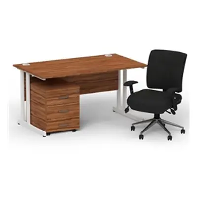 Impulse 1400 White Cant Desk Walnut + 3 Dr Mobile Ped & Chiro Black