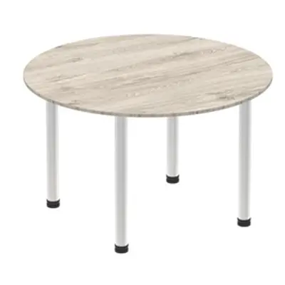 Impulse 1000mm Round Table Grey Oak Top Brushed Aluminium Post Leg