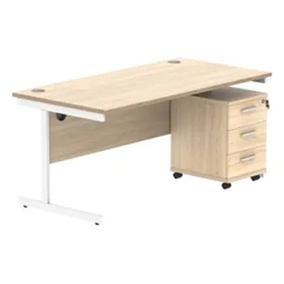 Single Upright Rect Desk + 3 Drawer Mobile Ped 1600X800 Oak/White