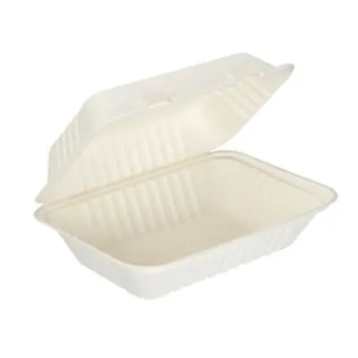 Bagasse Clamshell Meal Box Large 9x6 Inch White (Pack of 250) D06003