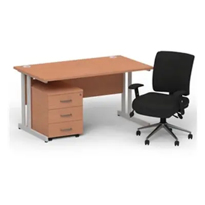 Impulse 1400 Silver Cant Desk Beech + 3 Dr Mobile Ped & Chiro Black