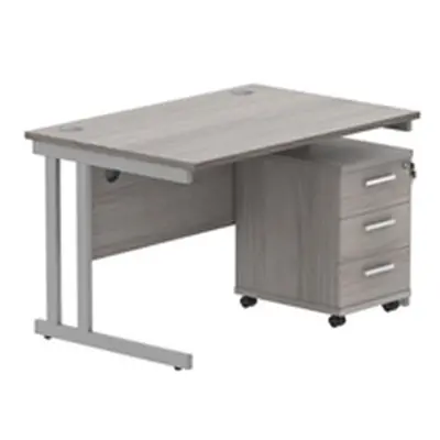 Double Upright Rect Desk + 3 Drawer Mobile Ped 1200X800 Gry Oak/Silver