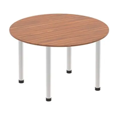 Impulse 1000mm Round Table Walnut Top Brushed Aluminium Post Leg