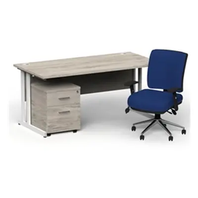 Impulse 1800 White Cant Desk Grey Oak + 2 Dr Mobile Ped & Chiro Blue