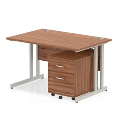 Impulse 1200x800mm Desk Walnut Top Silver Cantilever Leg + Mobile Ped