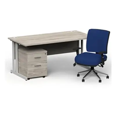 Impulse 1800 Silver Cant Desk Grey Oak + 2 Dr Mobile Ped & Chiro Blue