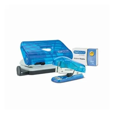 Rapesco 2 Hole Punch Mini Stapler and 26/6mm Staples Transparent Blue