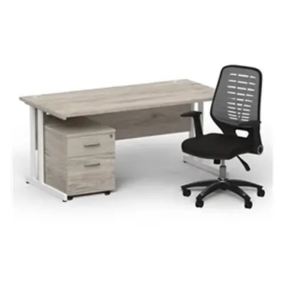 Impulse 1600 White Cant Desk Grey Oak + 2 Dr Mobile Ped & Relay Silver