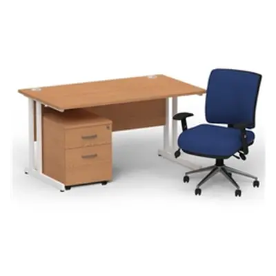 Impulse 1400 White Cant Desk Oak + 2 Dr Mobile Ped & Chiro Blue