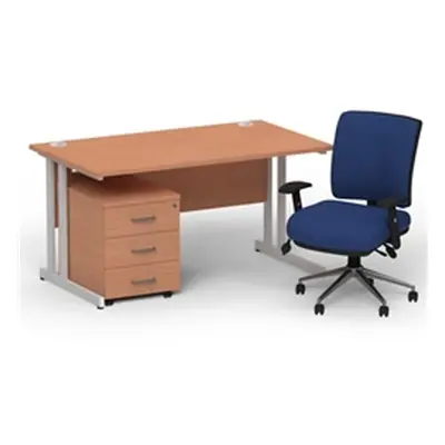 Impulse 1400 Silver Cant Desk Beech + 3 Dr Mobile Ped & Chiro Blue