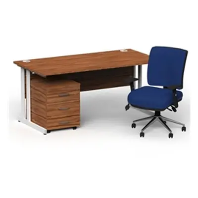 Impulse 1800 White Cant Desk Walnut + 3 Dr Mobile Ped & Chiro Blue