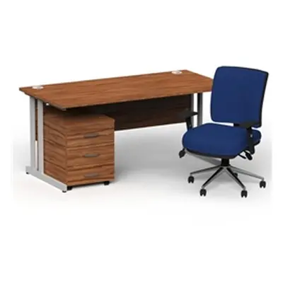 Impulse 1800 Silver Cant Desk Walnut + 3 Dr Mobile Ped & Chiro Blue