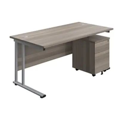 1800x800 Twin Rectangular Desk Grey Oak-Silver + Mobile 2 Drawer Ped