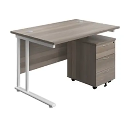 1200X800 Twin Rectangular Desk Grey Oak-White + Mobile 3 Drawer Ped