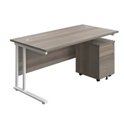 1600X800 Twin Rectangular Desk Grey Oak-White + Mobile 3 Drawer Ped