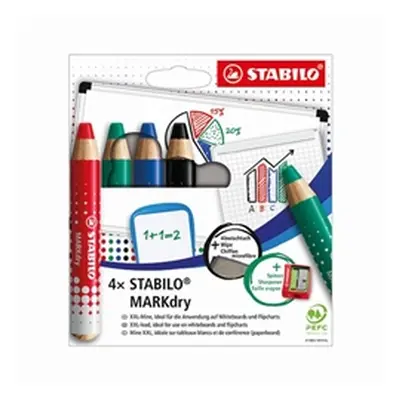 Stabilo Markdry Whiteboard Pencil x4 Assorted +Sharpener/Cloth 648/4-5