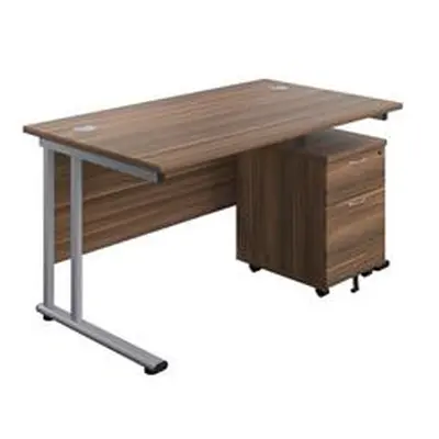 1400 x 800 Twin Rectangular Desk Dark Walnut-Silver + 2 Drawer Ped