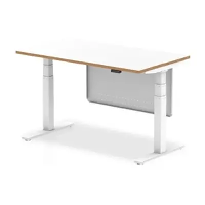 Oslo 1400 Height Adjustable Desk Wood Edge White Frame Modesty Panel