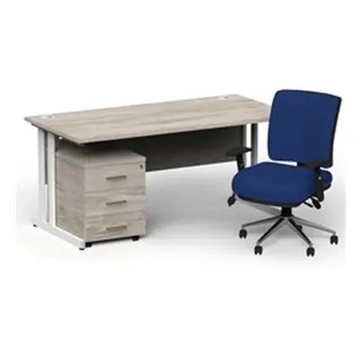 Impulse 1800 White Cant Desk Grey Oak + 3 Dr Mobile Ped & Chiro Blue