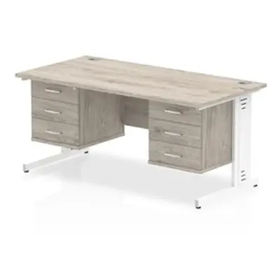 Impulse 1600x800mm Desk Grey Oak White Leg 2x3 Drawer Fixed Pedestal