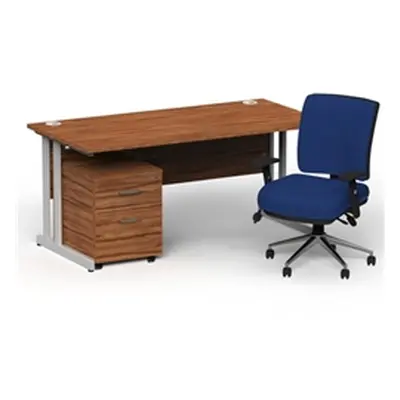 Impulse 1800 Silver Cant Desk Walnut + 2 Dr Mobile Ped & Chiro Blue