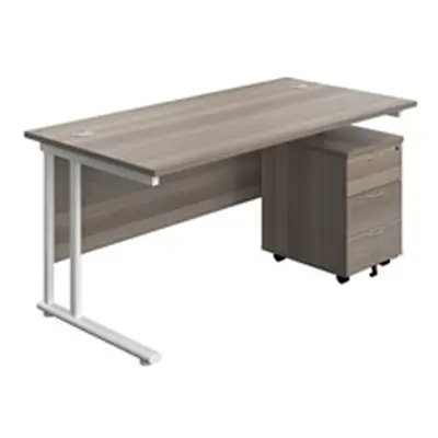 1800x800 Twin Rectangular Desk Grey Oak-White + Mobile 3 Drawer Ped