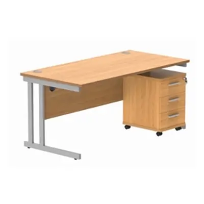 Double Upright Rect Desk + 3 Drawer Mobile Ped 1600X800 Beech/Silver