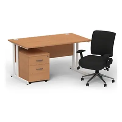 Impulse 1400 White Cant Desk Oak + 2 Dr Mobile Ped & Chiro Black