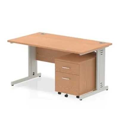 Impulse 1400x800mm Desk Oak Silver Cable Managed Leg and Mobile Ped