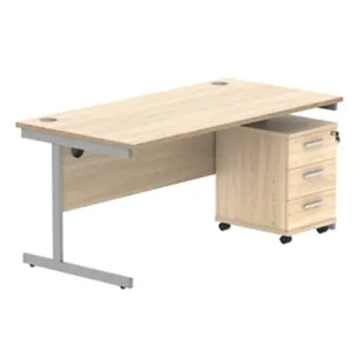 Single Upright Rect Desk + 3 Drawer Mobile Ped 1600X800 Oak/Silver