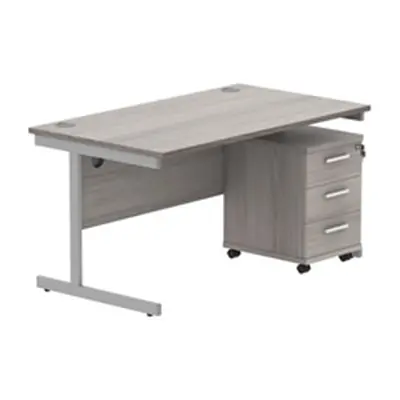 Single Upright Rect Desk + 3 Drawer Mobile Ped 1400X800 Gry Oak/Silver