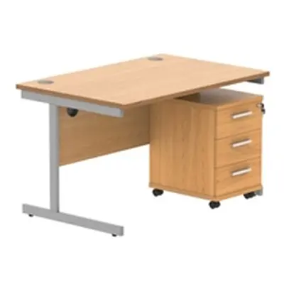 Single Upright Rect Desk + 2 Drawer Mobile Ped 1200X800 Beech/Silver