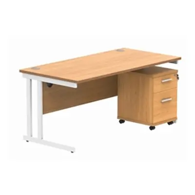 Double Upright Rect Desk + 2 Drawer Mobile Ped 1600X800 Beech/White