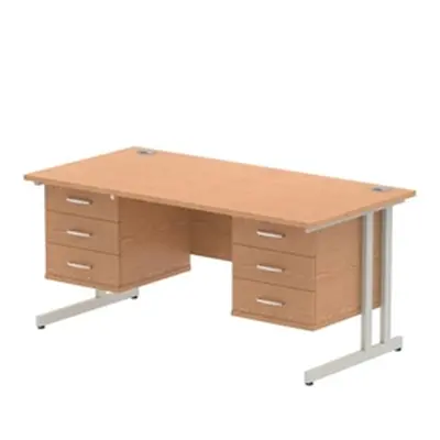 Impulse 1600x800 Desk Beech Silver Cantilever Leg + 2x Fixed Pedestal