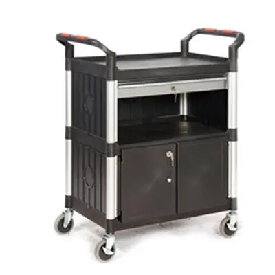 Proplaz 3 Shelf Trolley w Drawer & Cupboard; Castors; Black/Silver