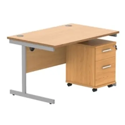 Single Upright Rect Desk + 3 Drawer Mobile Ped 1200X800 Beech/Silver