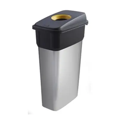 Slim Bin; Hole Lid 55L Silver Body Black/Yellow Lid Metal Look Plastic