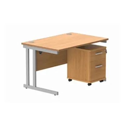 Double Upright Rect Desk + 2 Drawer Mobile Ped 1200X800 Beech/Silver