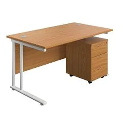 1400X800 Twin Rectangular Desk Nova Oak-White + Mobile 3 Drawer Ped