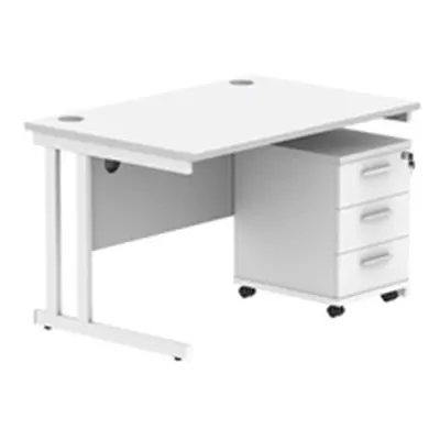 Double Upright Rect Desk + 3 Drawer Mobile Ped 1200X800 White/White